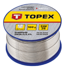 Припій Topex 44E512, діаметр 0.7 мм, склад: Sn 60%, Pb 40%, 100 гр